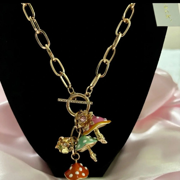 BELLA JACK Gold Front Toggle Closure Multiple Multicolored Mushroom Necklace NWT - Picture 1 of 3
